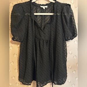 MINE Black Swiss Dot Sheer Peasant Blouse Top Size Large Puff Sleeve Boho Chic